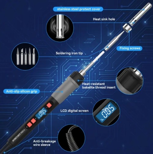 ILIBILIB 110V-240V 90W LCD 디지털 온도 조절 가능 납땜 인두기, 180~500°C, 6-in-1 자동 잠자기 기능 DIY 수리용 스마트 납땜 키트 (팁 5개 포함)