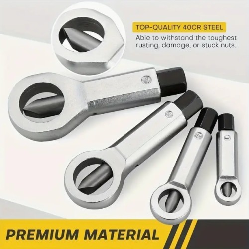 4개 세트 헤비듀티 너트 분리기 - 내구성 있는 녹 방지 너트 크래커와 교체 가능한 턱, 보관함 포함 다용도 금속 도구 | 견고한 설계의 헤비듀티 스크류 및 너트 제거용 | 부서진, 손상된, 부식된 너트 분리