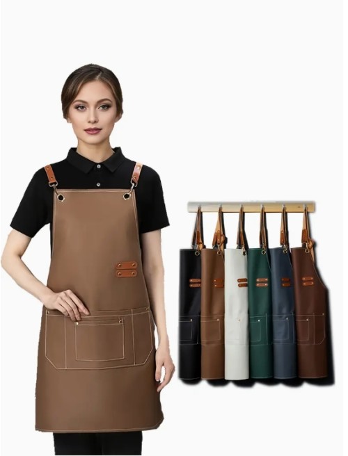 인공 가죽 방수 앞치마, 경량 주방용 앞치마, 남녀 공용 크로스 스트랩 디자인, 큰 포켓과 작은 포켓 포함, 요리사 조리, 정원 가꾸기, 레스토랑, 바비큐, 미용 및 매니큐어 작업복