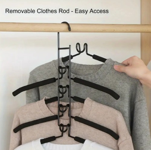 5층 무거운 강력한 공간 절약 코트 행거 - 5-in-1 다층 금속, 코트, 스웨터, 슈트 및 티셔츠용 미끄럼 방지 폼 패딩, 효율적인 옷장 정리기
