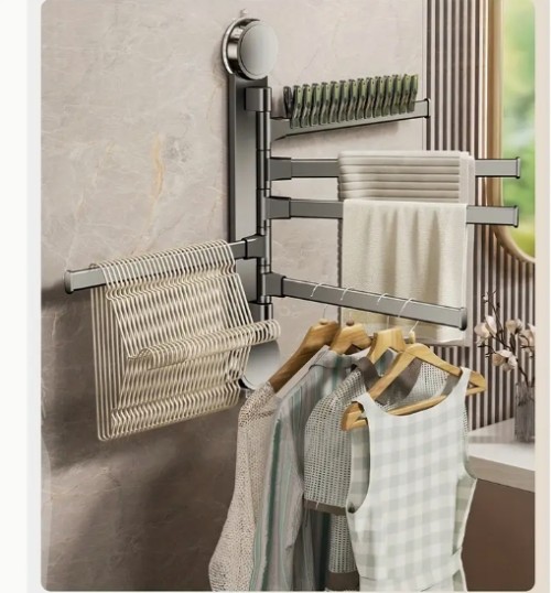 1개 알루미늄 접이식 타월 랙 - 드릴 없는 흡착컵 설치, 공간 절약형 벽걸이 욕실 정리대, 스타일리시한 블랙 메탈 디자인, 내구성 있는 금속 구조로 욕실, 발코니 및 침실 수납용, 욕실용 타월 홀더, 발코니 보관함, 슬림한 메탈 마감, 드릴 없는 설정, 가운 & 타월 후크