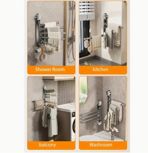 1개 알루미늄 접이식 타월 랙 - 드릴 없는 흡착컵 설치, 공간 절약형 벽걸이 욕실 정리대, 스타일리시한 블랙 메탈 디자인, 내구성 있는 금속 구조로 욕실, 발코니 및 침실 수납용, 욕실용 타월 홀더, 발코니 보관함, 슬림한 메탈 마감, 드릴 없는 설정, 가운 & 타월 후크