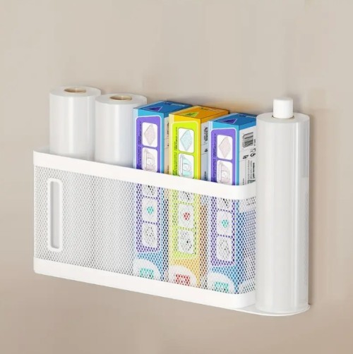 1개 자석 주방 정리대 - 마늘 압착기 디자인, 양념병 보관함, 롤업 공간, 랩 & 쓰레기 봉투 수납 가능 - 공간 절약형 카운터탑 또는 냉장고용, 세련된 메탈릭 마감, 다목적 정리함, 컴팩트한 설계, 견고한 구조, 소형 공간 생활용