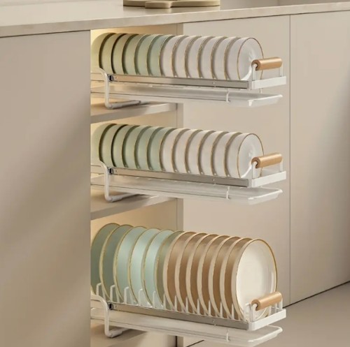1개 슬라이드 아웃 식기 건조대 - 이중 레이어 캐비닛/카운터탑 정리함, 내구성 강한 대용량 메탈 접시 건조대, 공간 절약형 설계, 접시·그릇·냄비·팬 보관용, 부드러운 슬라이딩 기계식, 녹 방지 소재, 컴팩트 주방 정리대, 아파트 생활에 적합