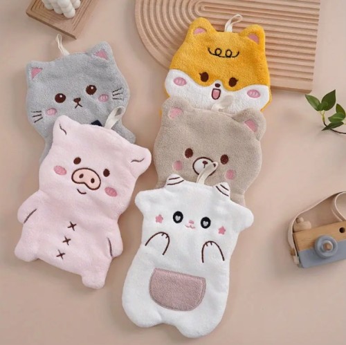 5개 귀여운 만화 캐릭터 매달리는 손수건 - 초흡수, 빠른 건조 코랄 플리스 주방 & 욕실용 - 가족 및 여행에 완벽