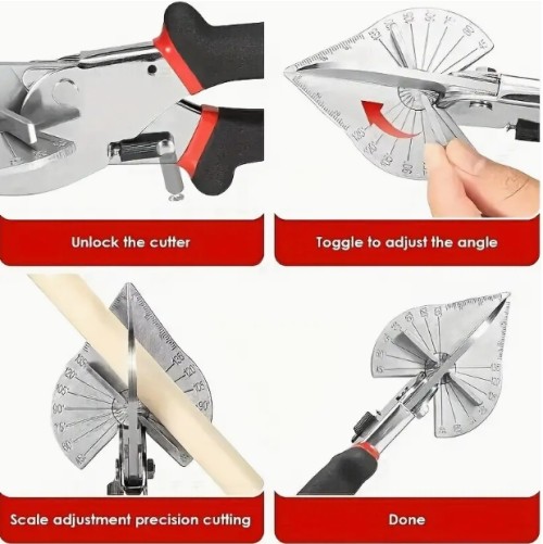 【전문가용】 전문가용 다기능 핸드헬드 마이터 가위 - 정밀 각도 절단을 위한 조절 가능한 45°에서 135°, 내구성 있는 탄소강 소재와 광택 마감, 플라스틱, PVC, 몰딩, 트림 및 웨더 스트리핑에 이상적, 교체 가능한 블레이드 포함, 정밀 각도 절단 | 광택 마감 가위 | 탄소강 블레이드
