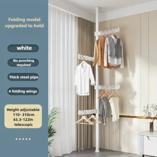 공간 절약형 스테인리스 옷걸이 - 드릴 필요 없는, 조절 가능하고 접을 수 있는 단일 막대, 발코니 및 침실용, 90° 확장 가능한 걸이 행거와 후크, 가정용 정리 및 건조대에 이상적