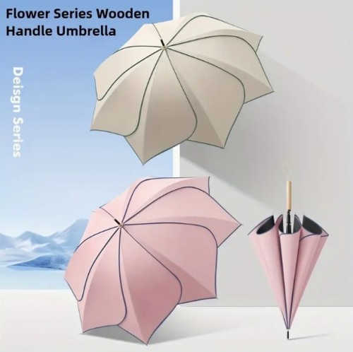 1개 세트 꽃잎 디자인 자동 오픈 우산, 나무 손잡이, 썬/쉐이드 우산, 귀여운 베이지 & 핑크 플로럴 패턴, 고급 원단, 가벼운 여행용 우산