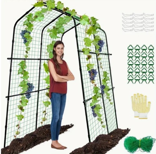 클라이밍 식물용 초대형 220.98cm 정원 아치 트렐리스 - 클라이밍 넷, 네팅 및 지면 덮개가 있는 야외 금속 식물 지원 - 포도, 채소, 과일, 꽃 및 잔디 정원, 클라이밍 식물용 정원 트렐리스에 이상적