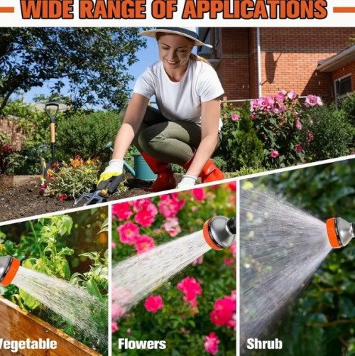 8가지 분사 패턴 (스트림, 스프레이, 미스트, 샤워, 소크, 린싱, 세척) - 조절 가능한 헤비듀티 정원 호스 워드 - 확장형 물뿌리기 스프레이어, 텍스처 그립 핸들 포함, 미국/유럽 호스 연결 호환 가능, 잔디밭, 원예, 차량 세차용, 내구성 ABS 구조, 실내외 사용 가능, 인체공학적 디자인, 스테인리스 마감