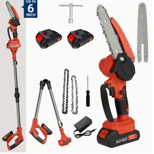 2in 1 무선 텔레스코픽 폴 톱 세트, 15.24cm 미니 체인소우 세트, 안전 잠금 기능 포함, 높이 및 각도 조절 가능, 효율적인 절단, 가지 정리 및 목재 작업에 적합