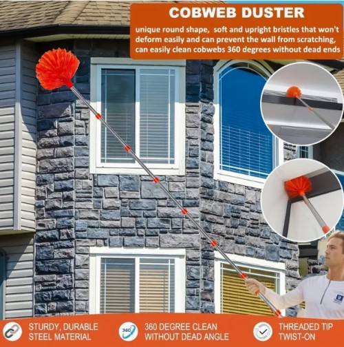 3-in-1 연장형 먼지 브러시 세트, 91.44-426.72cm 막대 - 재사용 가능, 다기능 청소 키트, 천장, 벽, 야외 지역 - 침실, 거실, 파티오에 적합 - 내구성 있는 스테인레스 스틸, 가정용 청소 브러시