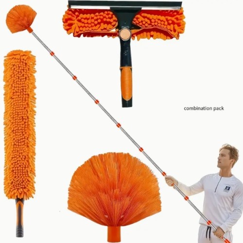 3-in-1 연장형 먼지 브러시 세트, 91.44-426.72cm 막대 - 재사용 가능, 다기능 청소 키트, 천장, 벽, 야외 지역 - 침실, 거실, 파티오에 적합 - 내구성 있는 스테인레스 스틸, 가정용 청소 브러시