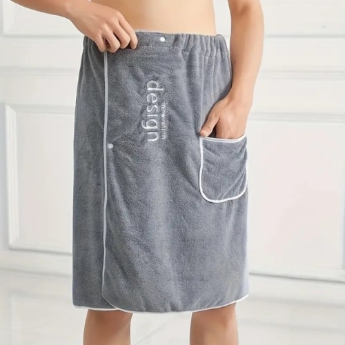 포켓이 있는 남성용 코랄 플리스 착용 가능한 목욕 타월 1개 - 초고흡수 스파 사우나 랩, 자수가 돋보이는 현대적 디자인, 폴리에스터 혼방 샤워 스커트, 품질 좋은 자수 디테일