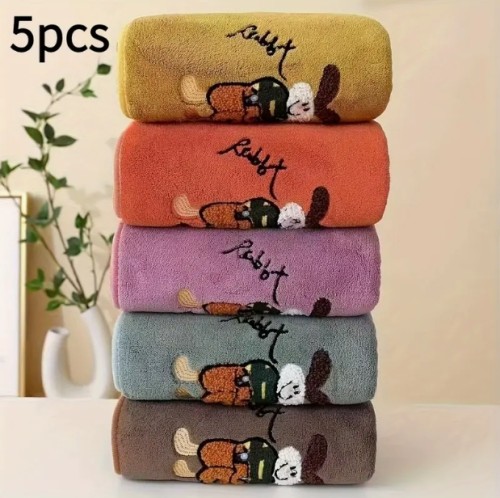 5개 세트 대형 (35x75cm) 빠른 건조 흡수 타월, 귀여운 토끼 자수가 있는 고중량 부드러운 목욕타월 5색 - 봄/여름 신상 2025