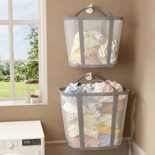 1 내구성 있는 접이식 세탁 바구니, 슈퍼마켓 쇼핑백, 야외 여행용 가방, 측면 포켓이 있는 메쉬 팝업 세탁 바구니, 강화된 손잡이가 있는 접이식 옷 보관 바구니, 세탁실, 욕실, 기숙사 또는 여행에 적합한 세탁 바구니