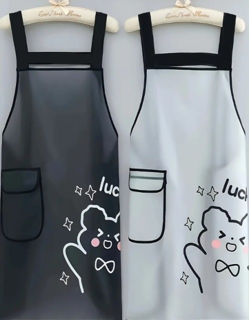 여성용 귀여운 프린트 앞치마, 민소매 투명 아이스 느낌 통기성 메쉬 홈케어 의류 헤어살롱 방지 커버업, 한국 스타일 만화 프린트 앞치마 세트 이발소 비접착 작업복 주방 가정용 세탁 없는 보호 커버