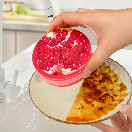 세계적인 과일 패턴을 가진 세층 디스플레이 소독 스펀지 - 폴리에스터 주방 청소 도구, 오렌지, 사과, 꽃 모양으로 디스플레이, 식기, 냄비, 주방 도구, 식기 세척 액세서리