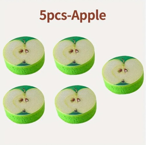 세계적인 과일 패턴을 가진 세층 디스플레이 소독 스펀지 - 폴리에스터 주방 청소 도구, 오렌지, 사과, 꽃 모양으로 디스플레이, 식기, 냄비, 주방 도구, 식기 세척 액세서리