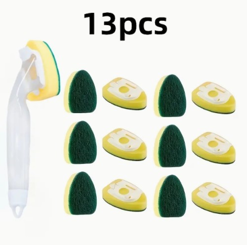 13개 세트 1개의 냄비 브러시 + 12개의 식기세척 스펀지 리필, 헤비 듀티 식기세척 바 리필 키트(손잡이 포함), 교체용 스펀지 헤드 세트, 식기세척 브러시, 비누 조절 디스펜서 스커버, 식기세척기 청소 도구