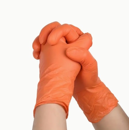 100개 일회용 오렌지 니트릴 장갑 - 라텍스 프리, 파우더 프리 및 살롱, 자동차 청소, 가정 주방, 야외 캠핑용 경량 - 내구성 있는 PVC 소재, 양손용 디자인, 살롱 청소 필수품, 생동감 있는 오렌지 장갑, 파우더 프리 장갑