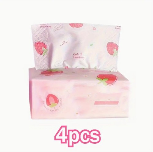 4팩 귀여운 딸기 패턴 소프트 티슈 - 4겹 두꺼운 흡수력 좋은 얼굴용 티슈, 여행/집/파티/생일 필수품 - 위생적 일회용 클리닝 와이프, 사랑스러운 디자인과 재미있는 포장, 고품질 종이