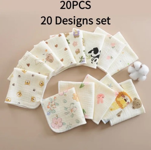 20개입 순면 가제 소형 타월, 4겹 테두리 디자인 패턴 스카프 세트 - 샤워, 체육관, 여행용 얼굴 세정 및 침 수건 - 부활절, 추수감사절, 크리스마스 선물 추천, 카툰 동물 패턴 SPA 필수품